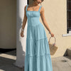 Square Neck Fit and Flare Sleeveless Layered Maxi Dress in Sky Blue