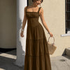 Square Neck Fit and Flare Sleeveless Layered Maxi Dress in Cocoa Brown