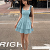 Ruched Bodice Button Front Tiered Mini Dress in Powder Blue