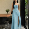 Spaghetti Strap Ruched Bust Slit Midi Dress in Sky Blue