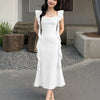 Ruffle Trim Mermaid Maxi Dress in Classic White