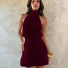 Halter Neck Waist Ruched Flared Mini Dress in Wine Maroon