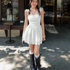 Ruched Tie Strap Tiered Mini Dress in Classic White