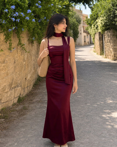 Square Neck Bodycon Sleeveless Midi Dress in Maroon