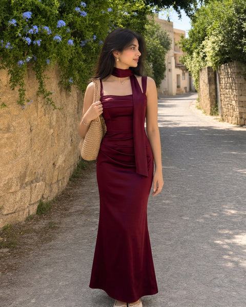 Square Neck Bodycon Sleeveless Midi Dress in Maroon