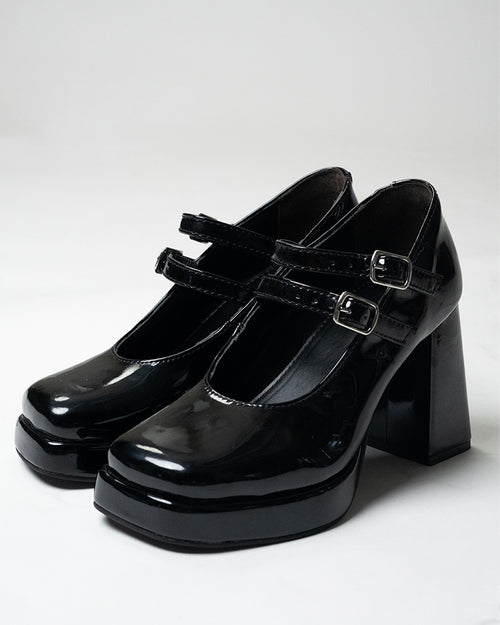 Double Strap Mary Jane Block Heels in Black