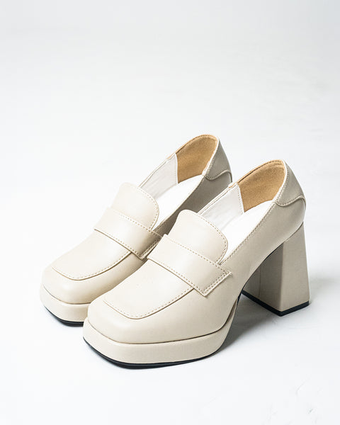 Platform Penny Loafer Block Heels in White