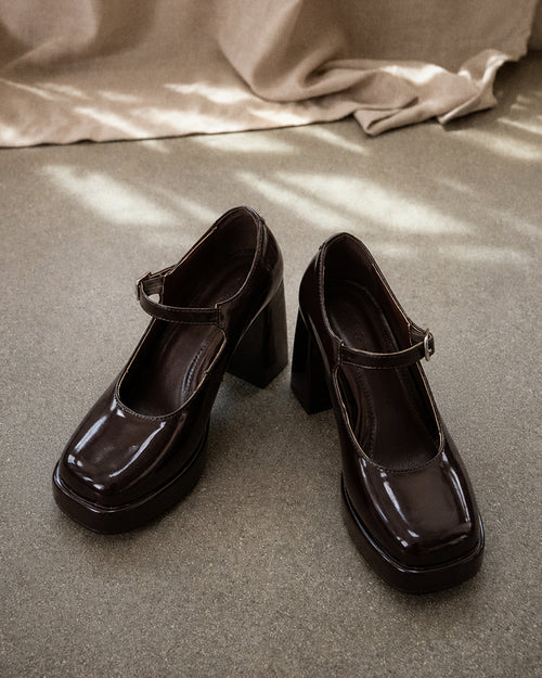 Mary Jane Block Heels in Brown