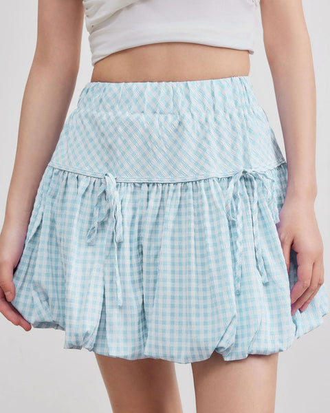 Tiered Gingham Balloon Mini Skirt in Baby Blue