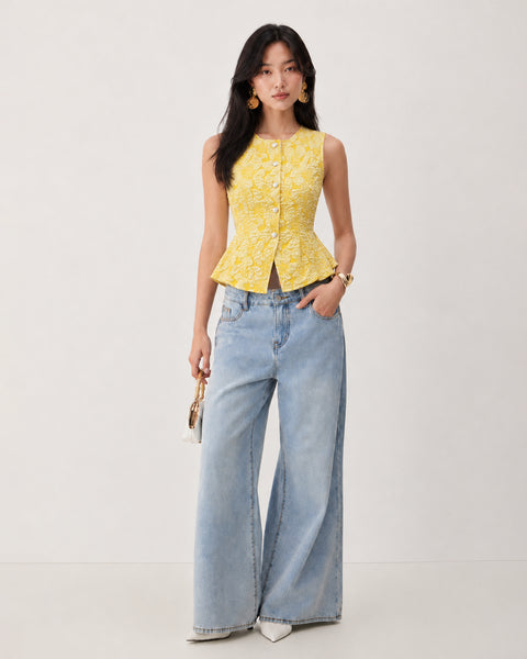 Floral Peplum Vest Top in Butter Yellow