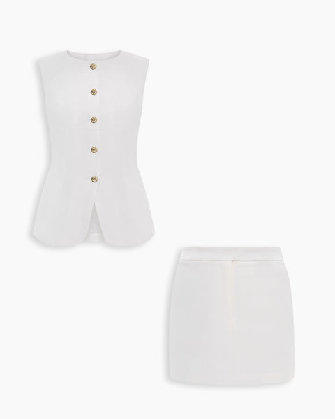 Button Down Vest Top and Mini Skirt Co-Ord Set in Classic White