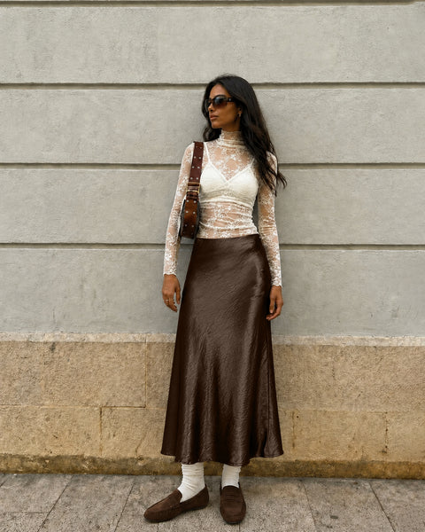 High Waist Satin Midi Skirt in Cocoa Brown