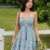Halter Neck Tiered Ruffle Mini Dress in Dusty Blue
