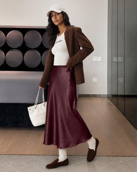 High Waist Satin Midi Skirt in Wine Maroon