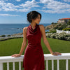 Cowl Neck Draped Mini Dress in Merlot