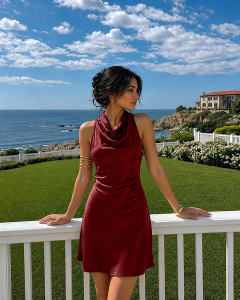 Cowl Neck Draped Mini Dress in Merlot