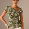 Asymmetric Neck Curved Hem Half Sleeve Top in Olive Green