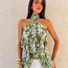Halter Neck Asymmetric Ruffle Hem Top in Olive Green