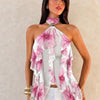 Halter Neck Asymmetric Ruffle Hem Top in Classic White and Blush Pink