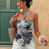 Beaded Ruffle Halter Mesh Top in Light Grey