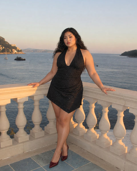 Halter Neck Sequin Asymmetric Mini Dress Curve and Plus in Soft Black