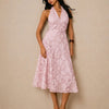 Floral Textured Halter Neck Waisted Midi Dress in Powder Pink