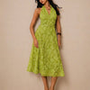 Floral Textured Halter Neck Waisted Midi Dress in Dark Citron