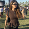 Round Neck Peplum Half Sleeve Top in Chocolate Brown