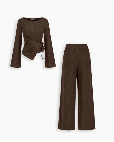 Wrap Tie Top and Wide Leg Trouser Co-Ord Set in Cocoa Brown
