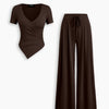 Wrap Asymmetric Top and Wide Leg Trousers Co-Ord Set in Chocolate Brown