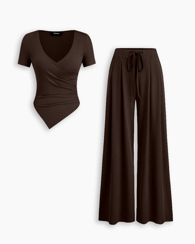 Wrap Asymmetric Top and Wide Leg Trousers Co-Ord Set in Chocolate Brown