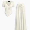 Wrap Asymmetric Top and Wide Leg Trousers Co-Ord Set in Pearl White