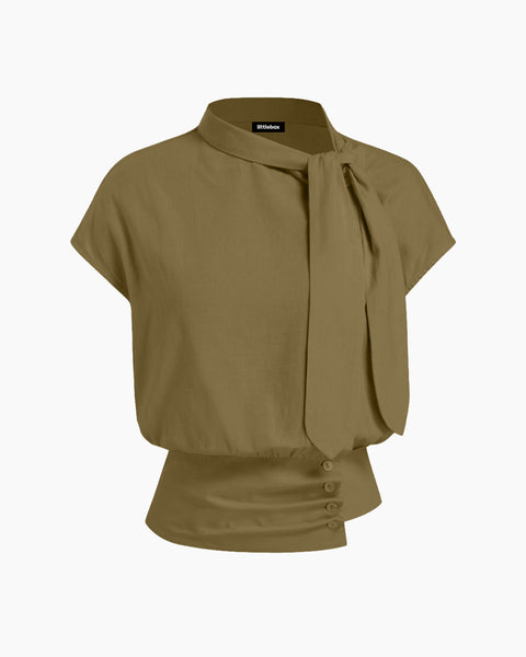 Tie Neck Blouson Top in Olive Green