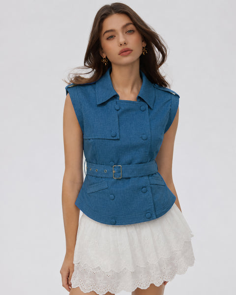 Belted Utility Wrap Vest Top in Sapphire Navy Blue