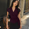 Collared Wrap Tie Waist Top in Deep Wine
