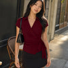 Collared Wrap Tie Top in Burgundy