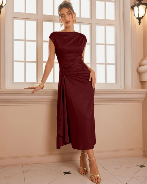 Ruched Drape Midi Dress in Merlot
