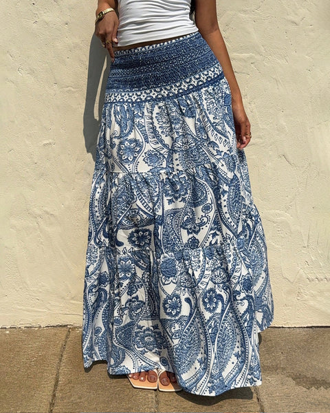 Bohemian Print Smocked Maxi Skirt in Dusty Blue