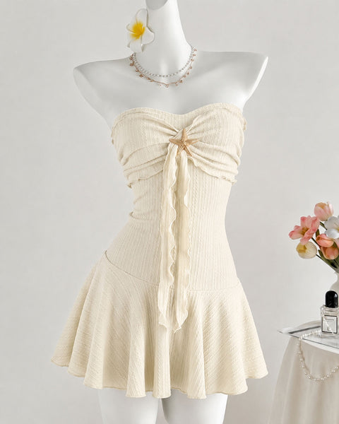 Starfish Detail Ruched Strapless Mini Dress in Cream