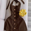 Button Detail Halter Fitted Mini Dress in Cocoa Brown