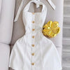 Button Detail Halter Fitted Mini Dress in Classic White