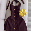 Button Detail Halter Fitted Mini Dress in Deep Wine