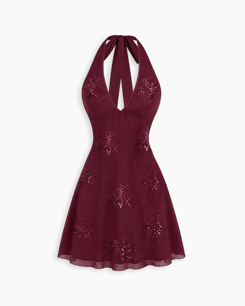 Halter Neck Sequin Mini Dress in Cherry