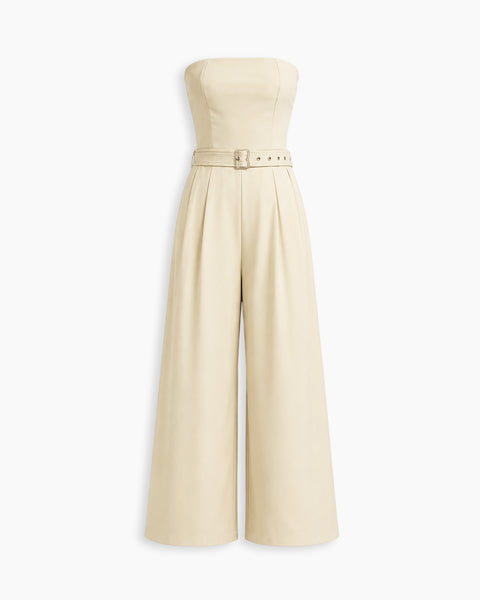 Belted Strapless Wide Leg Jumpsuit in Cream