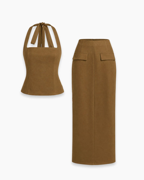 Halter Neck Top and Maxi Skirt Co-Ord Set in Tan Brown