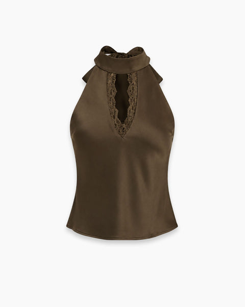 Lace Insert Halter Neck Top in Cocoa Brown