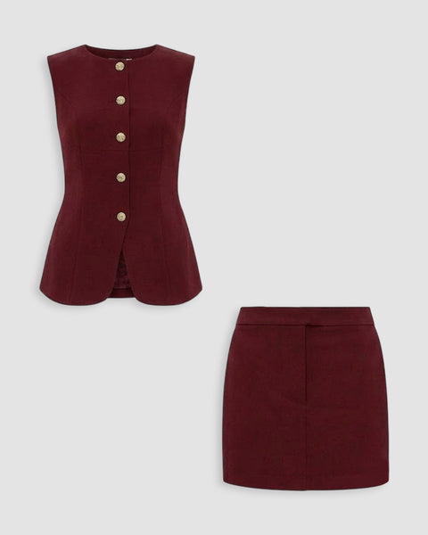 Button Down Vest Top and Mini Skirt Co-Ord Set in Burgundy