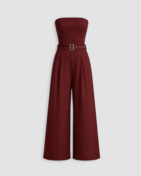 Belted Strapless Wide Leg Jumpsuit in Cherry