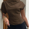 Draped Mock Neck Peplum Top in Chocolate Brown