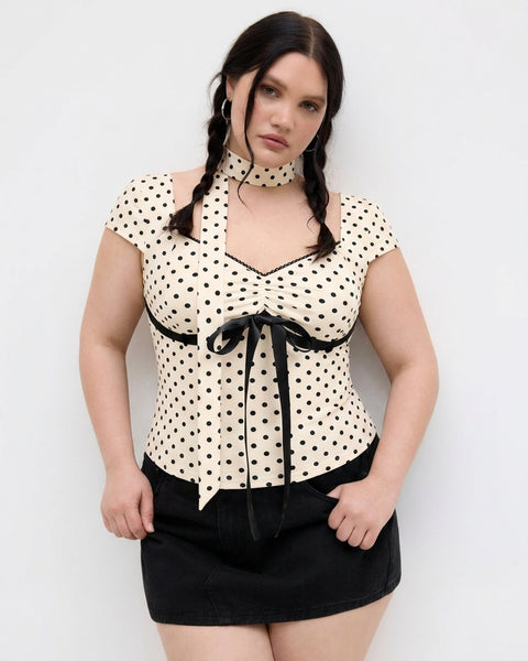 Polka Dot Scarf Neck Top Curve and Plus in Cream